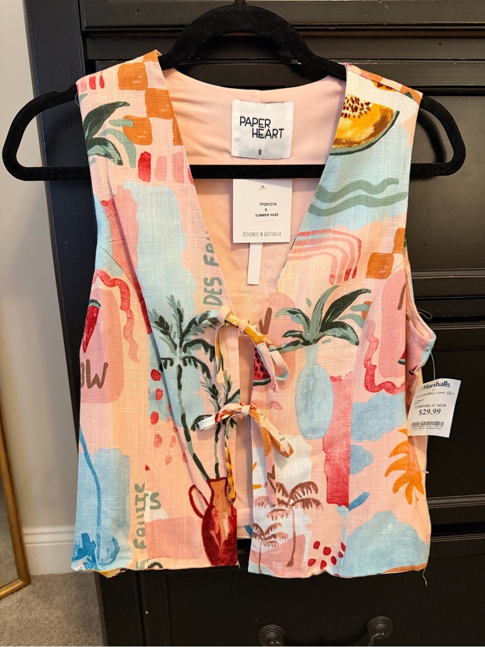 Paper Heart Pink Multi Tropical Print Tie-Front Tank NWT